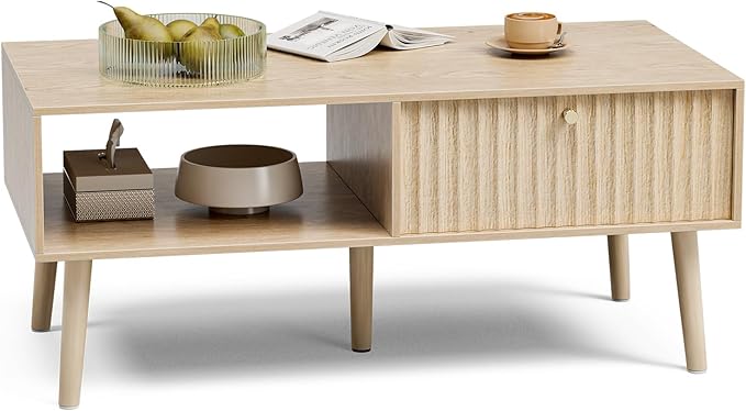 Coffee Table with Storage, Boho Dining Table with Fluted Drawer and Solid Wood Legs, Small Coffee Tables for Living Room, Oak-NeatNest