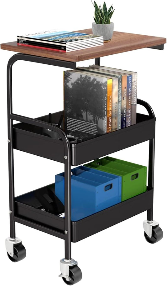 Rolling Cart with Wooden Tabletop, 3 Tier Metal Utility Cart, Rolling Storage Organizer Cart with Lockable Wheels for Kitchen, Office, Bedroom (Black)