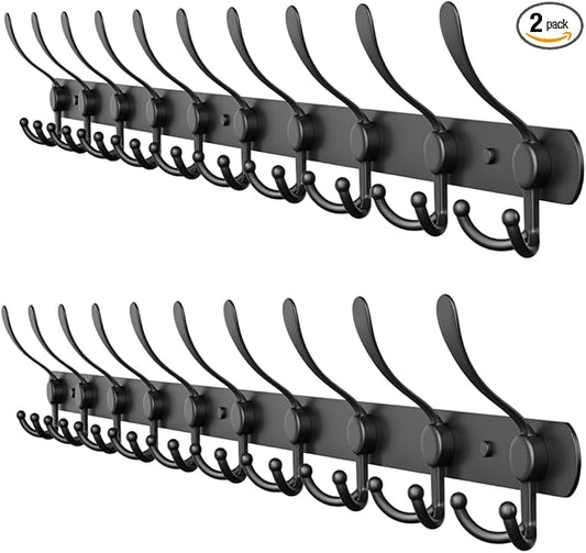 Coat Rack Wall Mount with 10 Tri Hooks, Stainless Steel 32 Inch – Black Matte Finish, Heavy Duty Wall Mounted Hook Rack for Coats, Hats, Towels, Scarfs, Robes, Bags, Entryway & Bathroom - 2 Pack-NeatNest