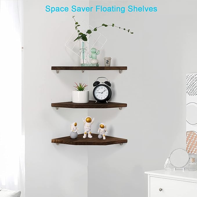 Joiishom Corner Wall Shelf Set of 3, Floating Corner Shelves, Rustic Wood Wall Storage Display Shelves for Living Room Bedroom Bathroom Kitchen (Fanshaped-Brown)-NeatNest