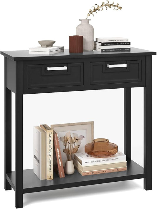 GOFLAME Small Console Table with 2 Drawers, 31” Entry Table with Storage Shelf, Modern, Narrow Sofa Table for Living Room, Hallway, Entrance (Black)-NeatNest