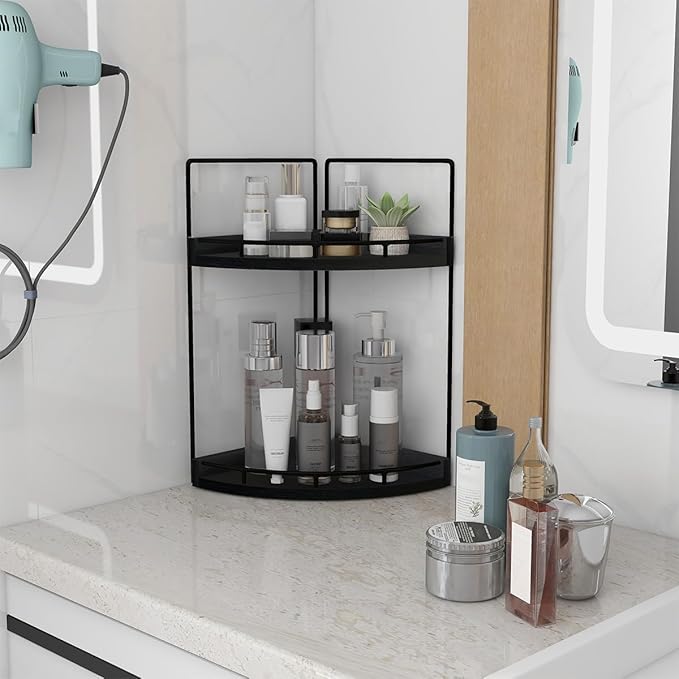 Dorhors 2-Tier Bathroom Counter Organizer,Vanity Counter Corner Shelf, Skincare, Wood Countertop Bathroom Storage and Organization for Kitchen (Black)-NeatNest
