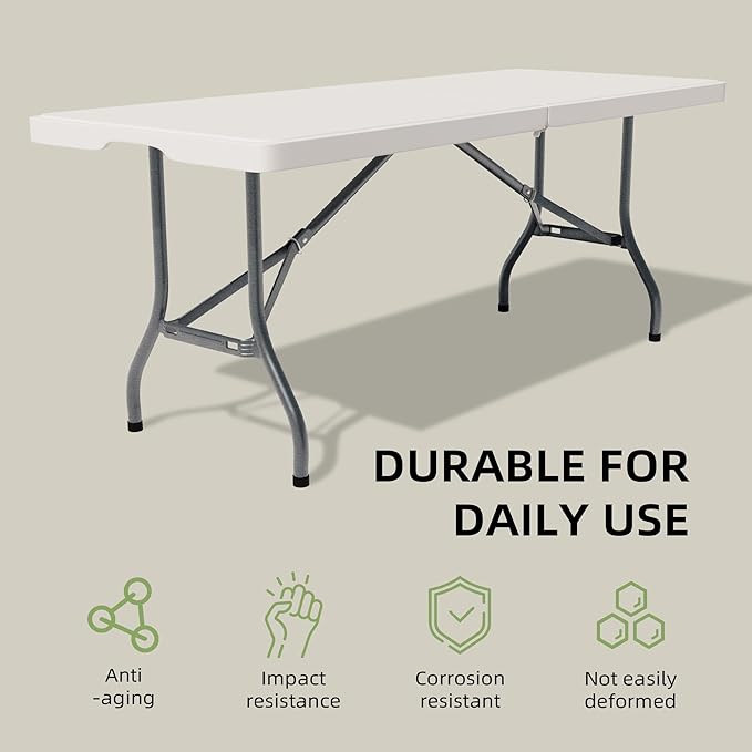 Folding Table 6 Foot - Heavy Duty 600LBS Capacity, Sturdy & Foldable Design with Safety Lock - Portable Tables Folding for Camping, Party, Indoor & Outdoor Use, 2 Pack-NeatNest