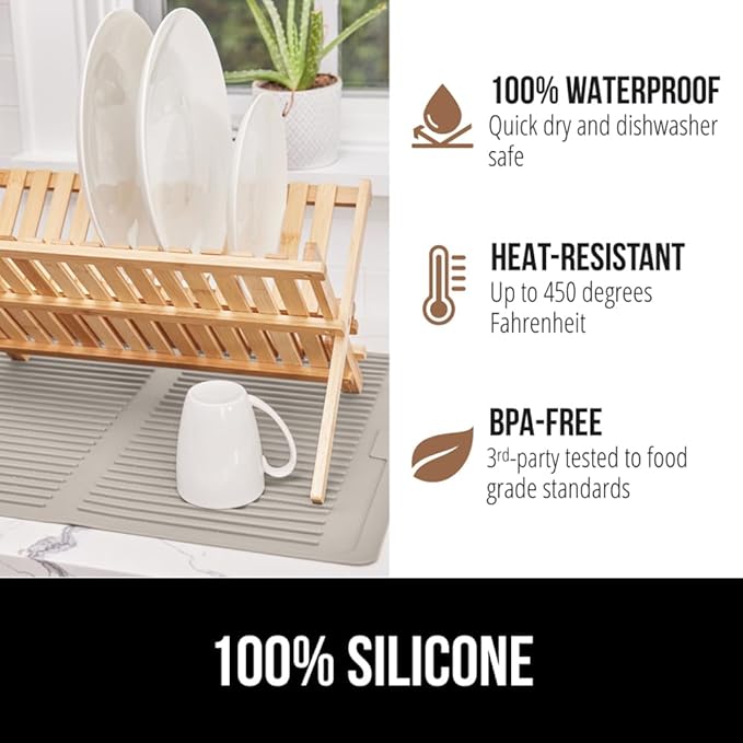 GORILLA GRIP 100% BPA-Free Patented Silicone Dish Drying Mat for Kitchen Counter, 18x16 Inch, Water Catching Ribbed Design, Easy Clean Waterproof Sink Liner, Heat Resistant, Fits Under Rack, Almond