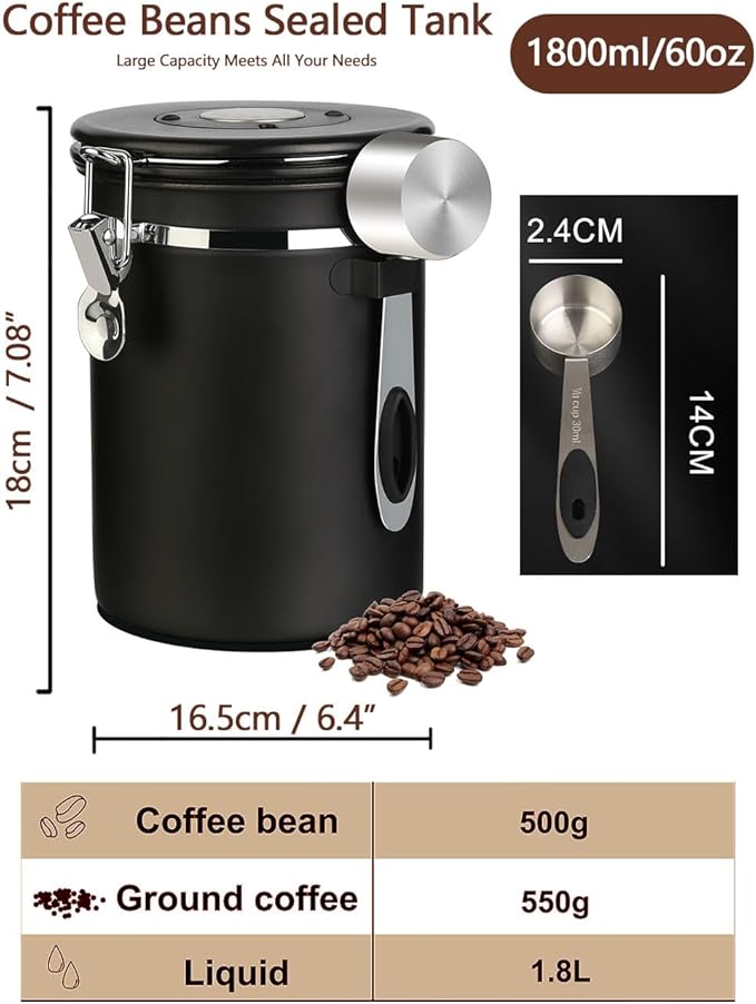 Coffee Canister Airtight Coffee Storage Container Stainless Steel Air Tight Coffee Jar with Scoop, Date Tracker and CO2 Release Valve for Beans, Ground, Tea, Flour, Cereal and Sugar (2pcs-Black-1.8L)-NeatNest