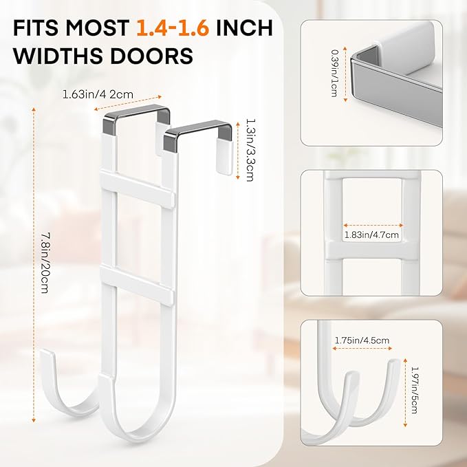 FYY Over The Door Hooks - 2 Pack Heavy Duty Dual-Hook Organizer Hanger with Non-Slip Rubber for Towels, Clothes, Hats & Bags Use in Bathroom, Bedroom, Kitchen - Fits Interior Doors Up to 1.6" White-NeatNest