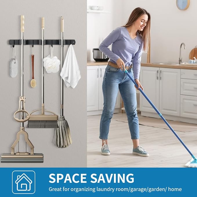 2 Pack Broom Hanger and Mop Holder, Heavy Duty Garden Tool Organizer Rack Rake and Shovel Handle, Stainless Steel Wall Mounted Utility Rack with Screws (3 Racks with 4 Hooks, Matte Black).-NeatNest