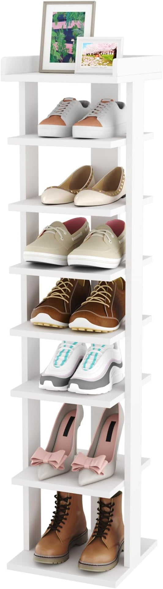 HOMEFORT 7-Tier Wood Shoe Rack, Entryway Shoe Tower,Vertical Shoe Organizer, Wooden Shoe Storage Stand, White-NeatNest