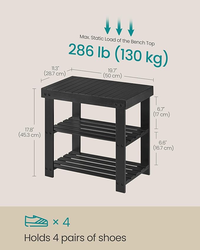 SONGMICS Shoe Rack Bench, 3-Tier Bamboo Shoe Storage Organizer, Entryway Bench, Holds Up to 286 lb, 11.3 x 19.7 x 17.8 Inches, for Entryway Bathroom Bedroom, Ink Black ULBS001B01-NeatNest