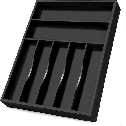 Bellsal Black Utensil Organizer 12.5 Inch Silverware Tray for Drawer Utensil Holder Cutlery Organizer Kitchen Drawer Organizer 7 Compartment Small Narrow Bamboo-NeatNest