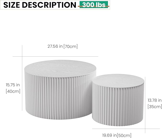 Round Wood Coffee Table Set of 2 Modern Circle Nesting Coffee Table Handcrafted Drum Nesting Table Nesting Coffee Tables for Living Room for Small Space (White (D27.56+D19.69 inch))