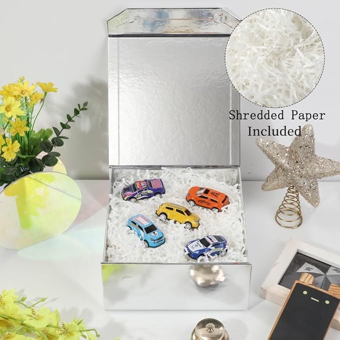 6 Pcs Small Silver Gift Box 8x8x4 Inch Magnetic Gift Box Small Magnetic Box with Crinkle Paper Silver Small Gift Box with Shredded Paper Luxury Gift Boxes with Lids for Presents-NeatNest