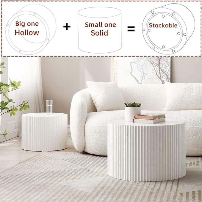 Nesting Coffee Table Set of 2, Modern Wooden Round Coffee Tables for Living Room, Circle Accent End Table Center Table for Small Spaces Bedroom Balcony Office, No Assembly Required, White