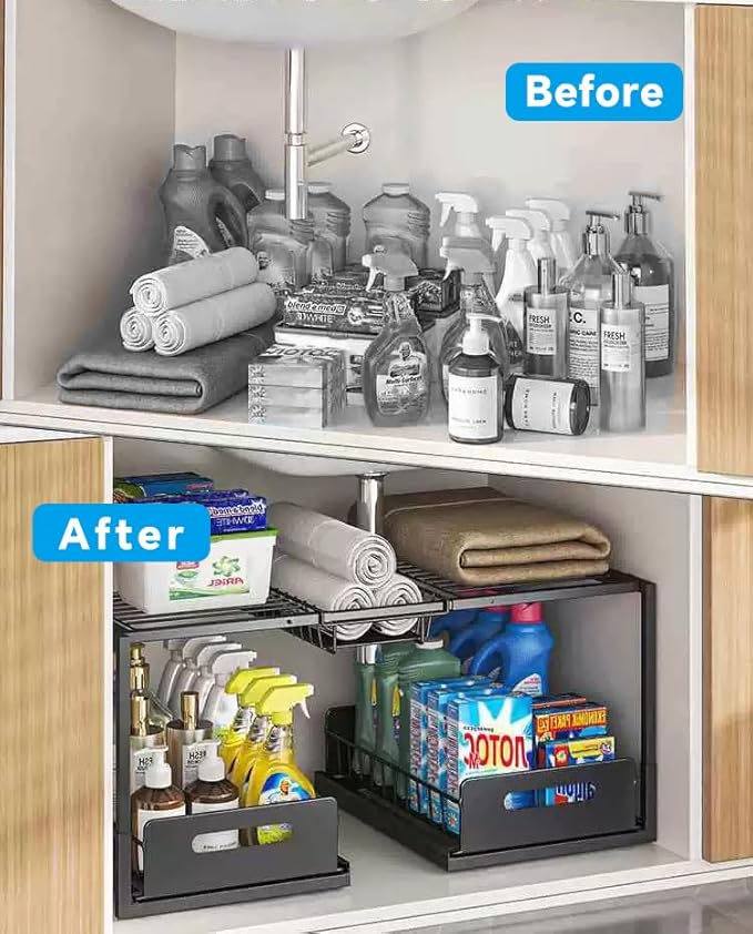 FOXMIND Under Sink Organizer,Double Drawers Large Volume 2 Tier Slide Out Sink Shelf Cabinet Storage Shelves,Adjustable Width(23.6"-29.5"),2 Adjustable Basket,Black-NeatNest
