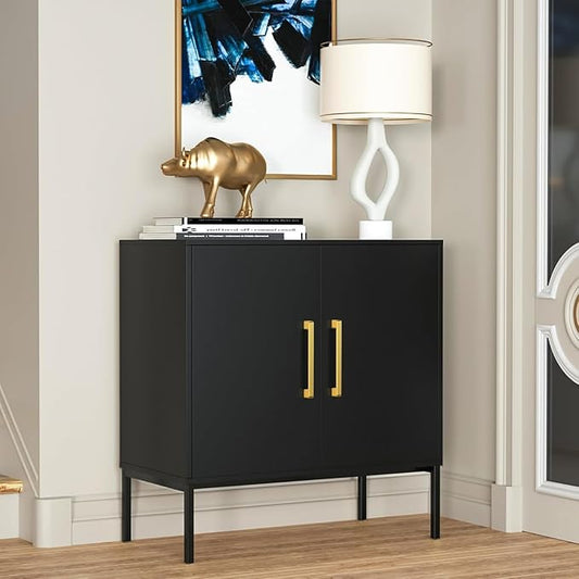 JOZZBY Buffet Sideboard Cabinet with Storage, Modern Wooden Cabinet with Adjustable Shelves, Black and Gold Cabinets for Living Room, Kitchen, Hallway