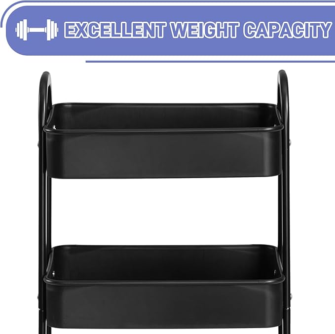 AGTEK 3-Tier Rolling Carts with Wheels, Rolling Utility Cart with Iron Frame for Kitchen, Plastic Shelves, Living Room, Office, Black
