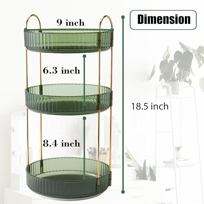 Rotating Makeup Organizer Countertop 3 Tier Lazy Susan Trays Clear Skincare Perfume Storage for Bathroom Counter Vanity, Green Gold-NeatNest