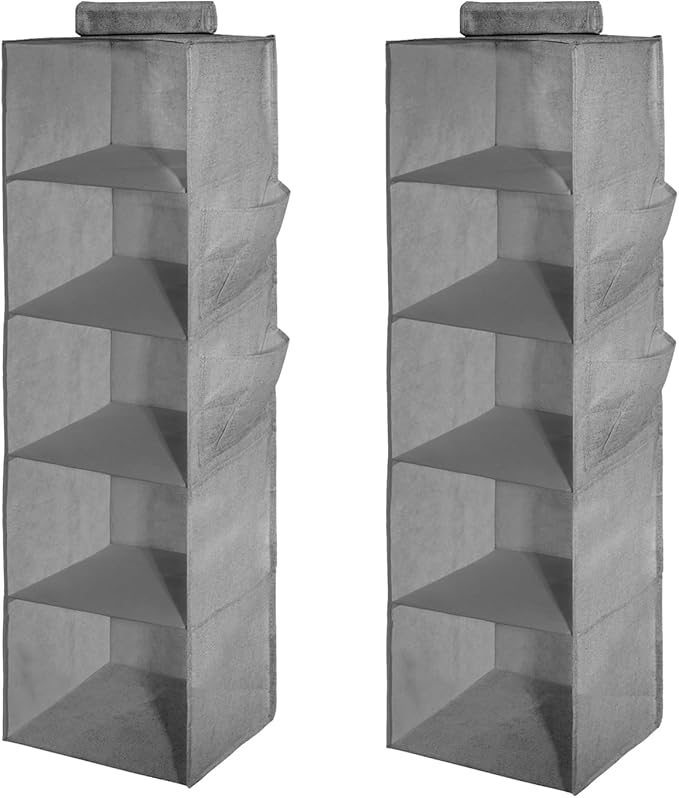 2 Packs Hanging Closet Organizer 5-Shelf Hanging Shelves Collapsible Hanging Storage Shelf for Bedroom College Dorm Pantry Camper RV, Grey-NeatNest