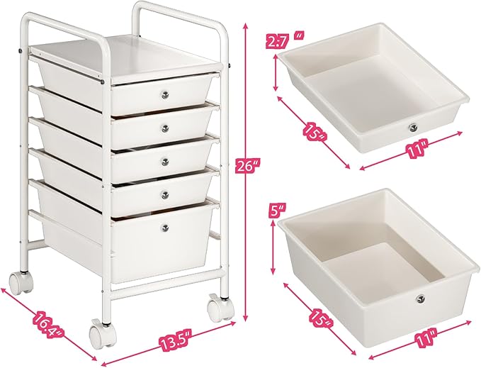 6-Tier Rolling Cart with 5 Drawers, Rolling Utility Cart with 2 Lockable Caster Wheels, Multipurpose Mobile Rolling Storage Drawer Cart for Office Bathroom Kitchen, Ivory White