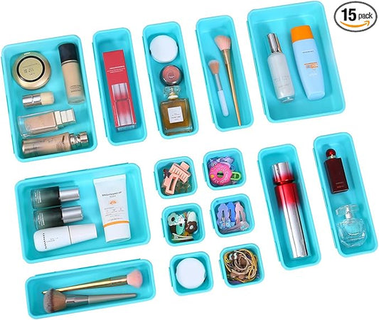 15 PCS Interlocking Desk Drawer Organizer Separator for Office,Bathroom,Kitchen,Makeup（Blue&Green）-NeatNest