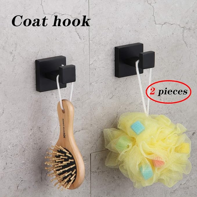 GERZWY Bathroom Matte Black Coat Hook SUS 304 Stainless Steel Single Towel/Robe Clothes Hook for Bath Modern Style Wall Mounted 2 Pack FG1607-2BK
