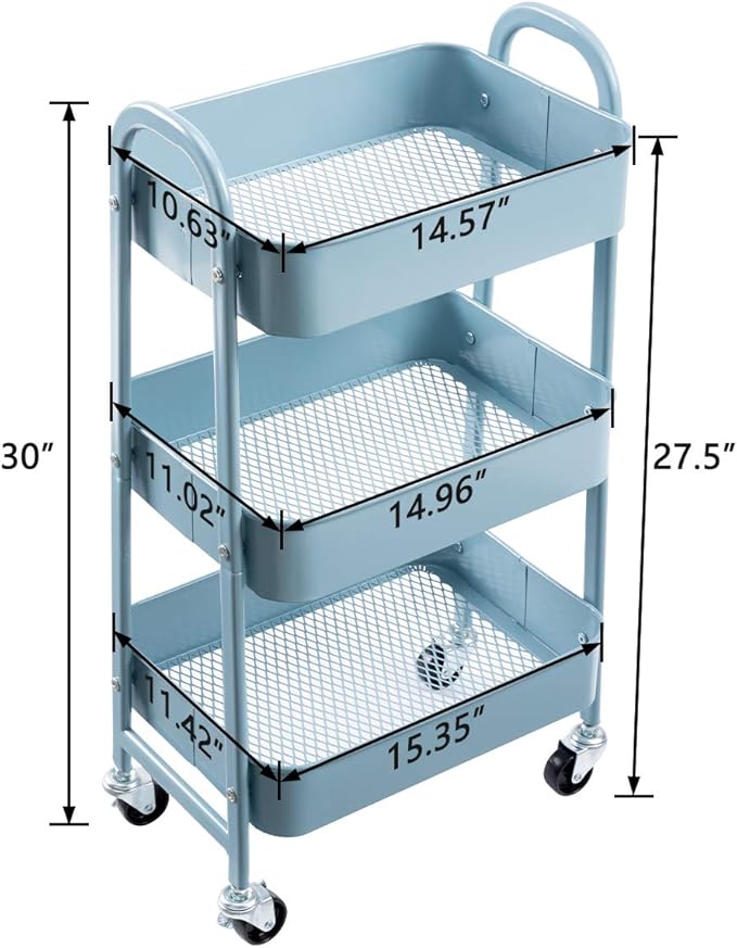 AGTEK Makeup Cart, Movable Rolling Organizer Cart, Grey-Blue 3 Tier Metal Utility Cart-NeatNest