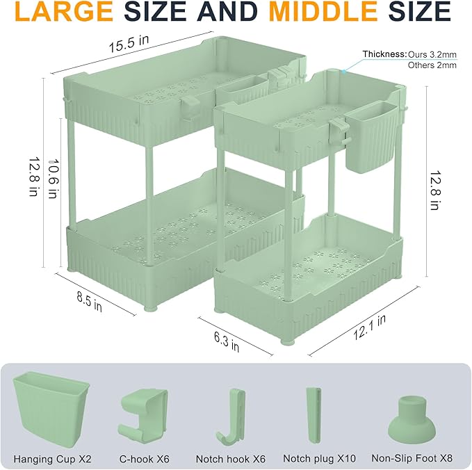 2 Pack Under Sink Organizer, Under Bathroom Cabinet Organizer with Hooks Hanging Cup, Multi-Purpose Storage Shelf for Kitchen Bathroom (Green, L)-NeatNest