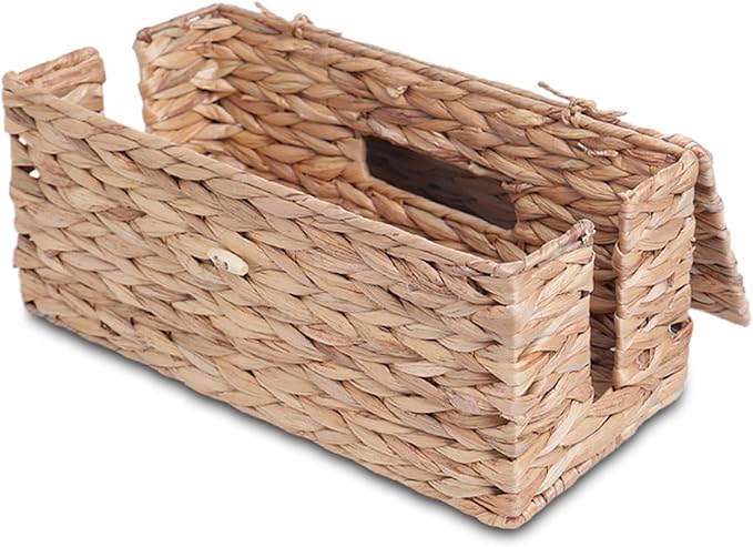 Cable Management Box, Cord Hider Organizer Box with Lid 2-Pack,2 Side Open Slots Handwoven Water Hyacinth Storage Box for Power Strips, Floor, Desk, Office