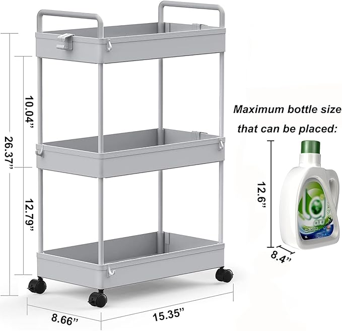 SOLEJAZZ 3 Tier Rolling Storage Cart with Wheels Slim Craft Nail Makeup Snack Art Baby Utility Cart Organizer on 2 Lockable Wheels for Bathroom Laundry Room Kitchen Bedside Narrow Spaces, Gray