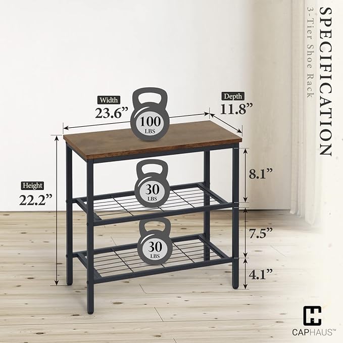 CAPHAUS 3-Tier Shoe Rack for Entryway, Mudroom Shoe Bench, Small Shoe Rack, Metal Shoe Shelf with Wood Board, Industrial Shoe Storage Table for Hallway, Living Room, Bedroom, Closet, Rustic Oak-NeatNest
