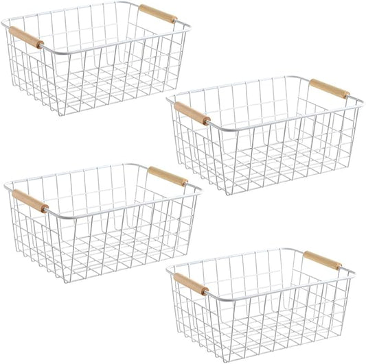 LeleCAT White Wire Baskets for Organizing with Handles，Pantry Organizers and Storage For Kitchen, Household Snack Basket for Cabinets, Closets, Bedrooms,food - Set of 4(White)-NeatNest