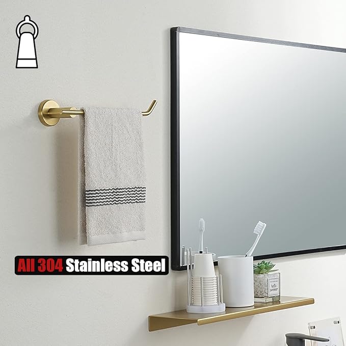 JQK Hand Towel Bar, Brushed Gold Stainless Steel Towel Ring Holder for Bathroom, 9 Inch Wall Mount, TR100-BG