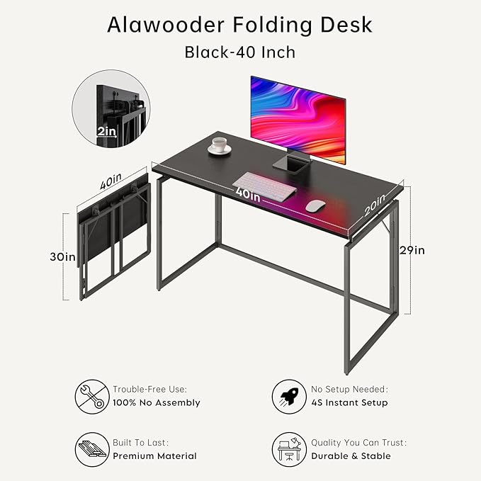 Folding Desk 40 Inch - Small Foldable Desk for Small Space Minimalist, Space Saving Collapsible Compact Desk Portable Table for Craft, Writing, Study and Work (No Assembly Required)-NeatNest