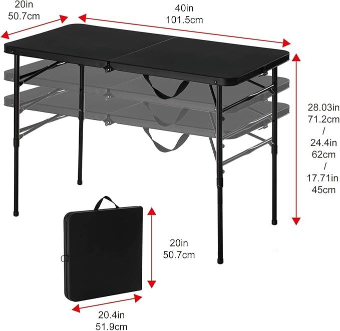 40 L x 20 W Plastic Adjustable Height Fold-in-Half Folding Table, Rich Black Onecolor-NeatNest