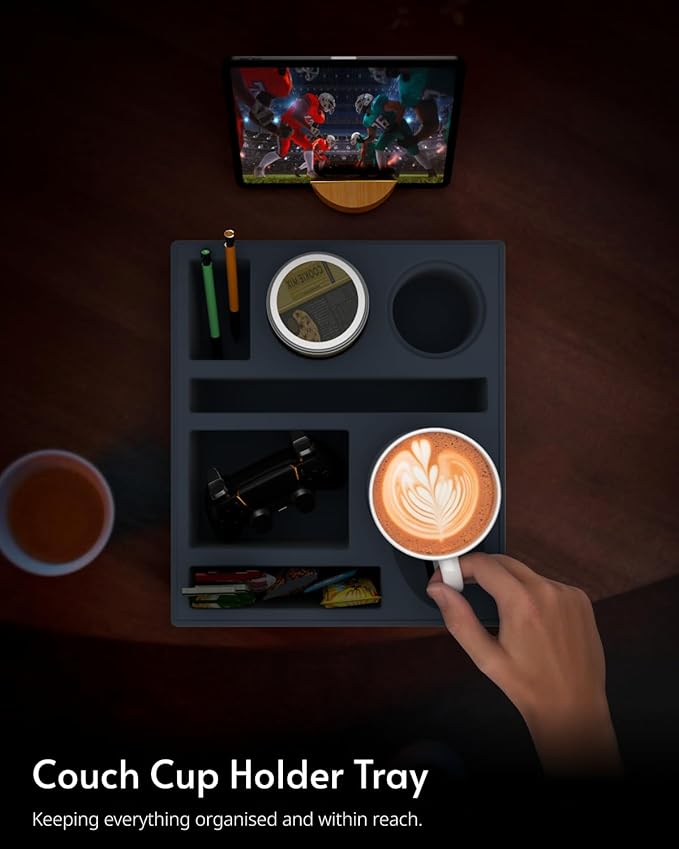 Couch Cup Holder Tray - Couch Organizer Caddy, Silicone Beach Caddy with Cup Holder, Sofa and Bed Drink Holder and Couch Tray Table for Snacks Beverage Remote (Black)-NeatNest