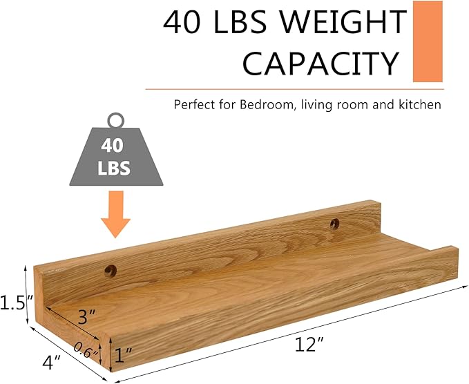 Floating Shelves Wall Mounted, 12 Inch Wall shelves for Decor and Storage, Natural Solid Oak Wood Shelf, Picture Ledge for Bedroom/Bathroom/Living Room/Kitchen/Laundry Room, Natural Color-NeatNest