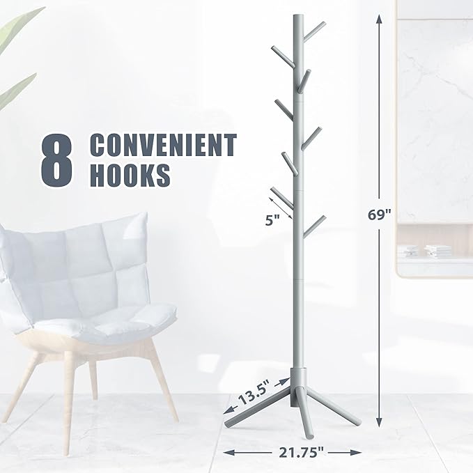 Haddockway Wooden Coat Rack Stand with 8 Hooks New Zealand Pine 3 Adjustable Coat Standing Tree Easy Assembly for Coats, Hats, Scarves and Handbags for Entryway, Hallway, Bedroom, Office-NeatNest