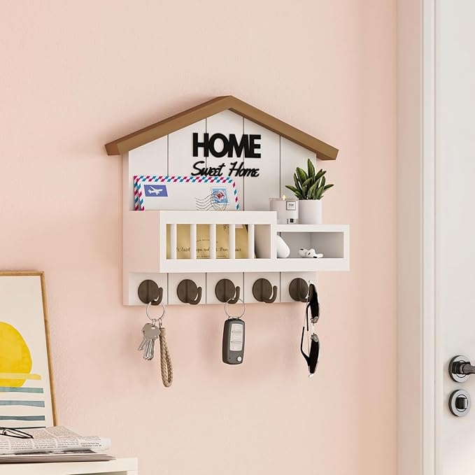 Key and Mail Holder for Wall, Wall Key Holder with Shelf, Home Key Holder for Wall, Wood Key Holder Wall Mount, Mail Organizer Wall Mounted, Entryway & Front Door Key Holder with 5 Hooks(White)