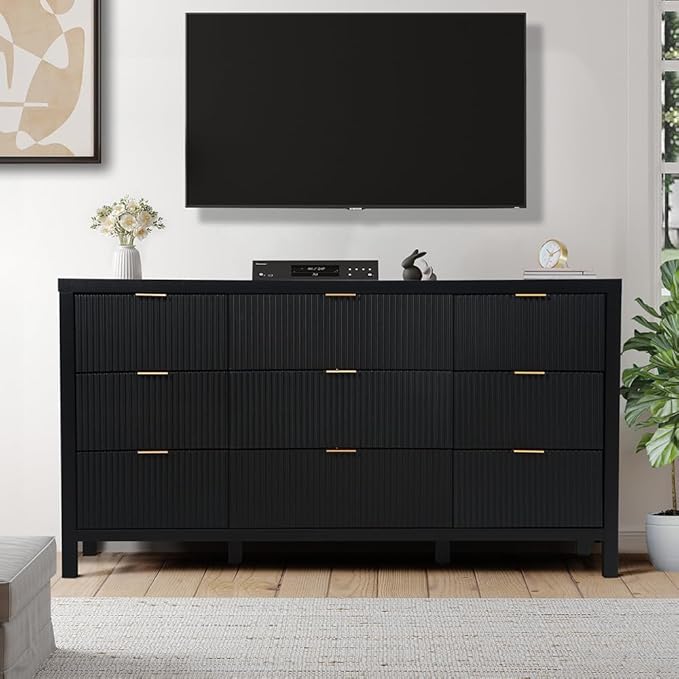 9 Drawer Dresser Cabinet, Long Nightstand with Drawers and Storage Cabinet, Solid Wood Dresser TV Stand, Mid Century Modern Nightstand with 9 Drawer Side Table for Bedroom Closet (Black)