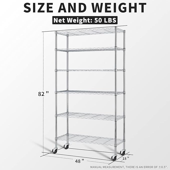 6-Tier Storage Shelf, Wire Shelving on Casters, NSF Height Adjustable Heavy Duty Metal Rack with Wheels for Office Bathroom Kitchen Garage Organization 2100 LBS Capacity-48 L×18" W×82" H-Chrome-NeatNest