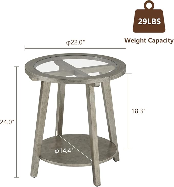 COSIEST 2-Tier End Table with Tempered Glass Top, Round MDF Side Table with Storage Shelf, Modern Wood Accent Table for Bedroom Living Room Home Office, Antique Silver-NeatNest