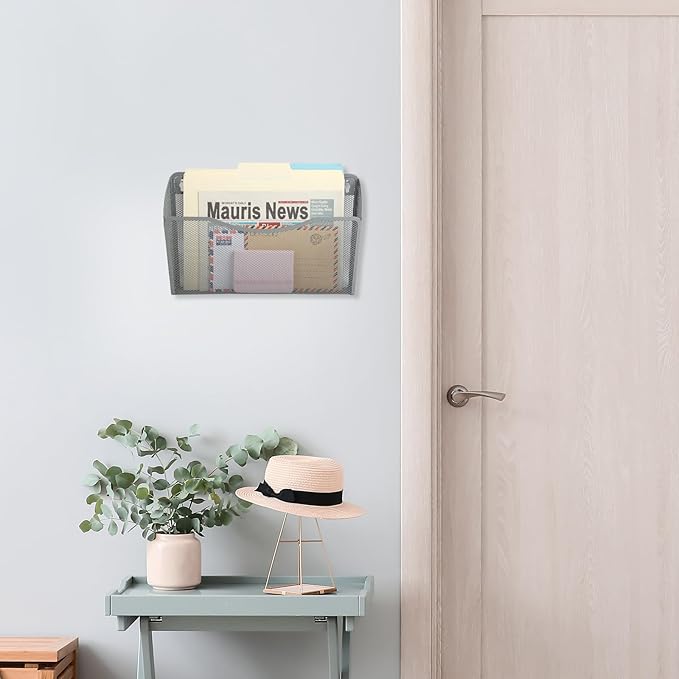 EASEPRES 3 Single Pocket Mesh Hanging File Organizer, Vertical Wall Mounted Magazine File Holder, Mount Basket Mail Paper Document Folder Organizing for Office, Home and School, Gray