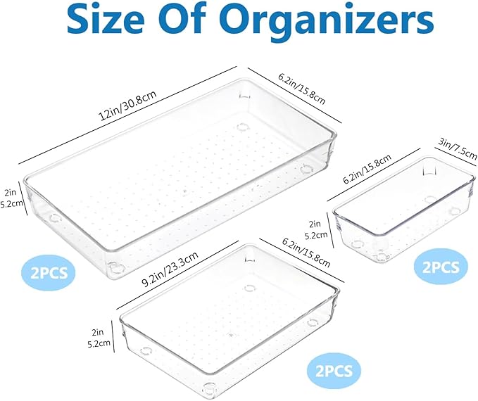 6 PCS Large Drawer Organizer, 3Sizes Plastic Versatile Desk Drawer Organizer Trays with Non-Slip Silicone Pads, Storage Bins for Makeup, Office, Kitchen Gadgets Utensils, Bedroom, Tools, Bathroom-NeatNest