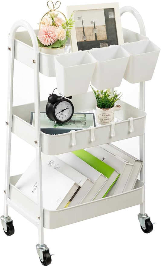 danpinera 3-Tier Rolling Cart, Metal Rolling Storage Cart with Lockable Wheels & Hanging Cups & Hooks, Mobile Trolley Cart for Kitchen, Bathroom, Office, Workshop, White-NeatNest