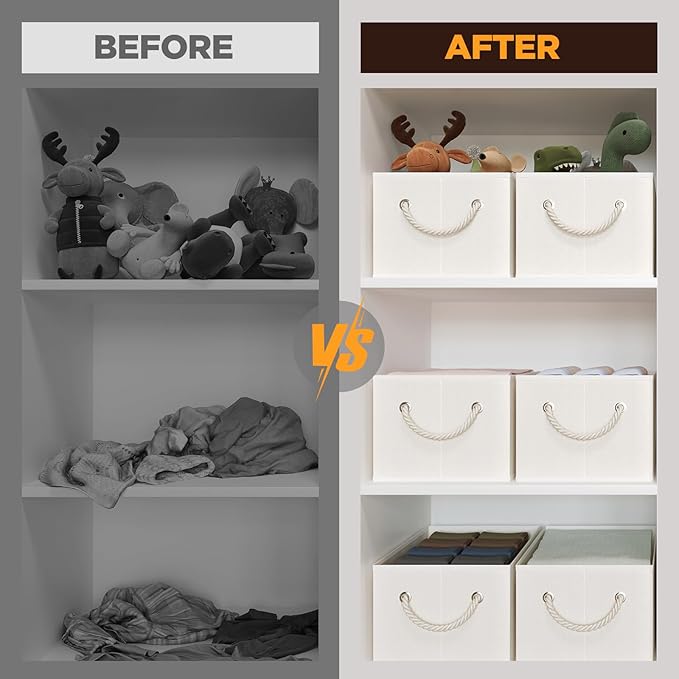 Closet Storage Bins, Linen Closet Organizers and Storage Basket for Shelves, Collapsible Shelf Baskets for Organizing Shelves, Bedroom Clothes Basket, Beige, 3 Pack-NeatNest