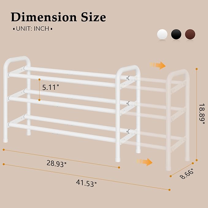 Shoe Rack for Closet, 3 Tier Shoe Organizer, 28“ Metal Shelf Can Expandable to 42“, for Closet, Entryway, Bedroom, Garage, Adjustable to 18 Pairs Shoes, White-NeatNest