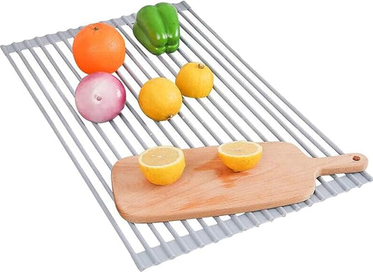 Ahyuan Large Roll up Dish Drying Rack Silicone Foldable Rack Over Sink Dishes Drainer Roll-up Sink Drying Racks Full Silicone Coated Stainless Still Dish Drying Rack (Warm Grey, 17.7''X13.13'')
