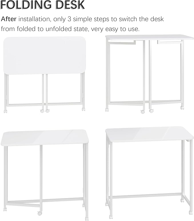 4NM 31.5" Mobile Small Rolling Computer Desk, Folding Laptop Cart Table with Wheels, Portable Office Desk for Small Space Couch Bed - All White