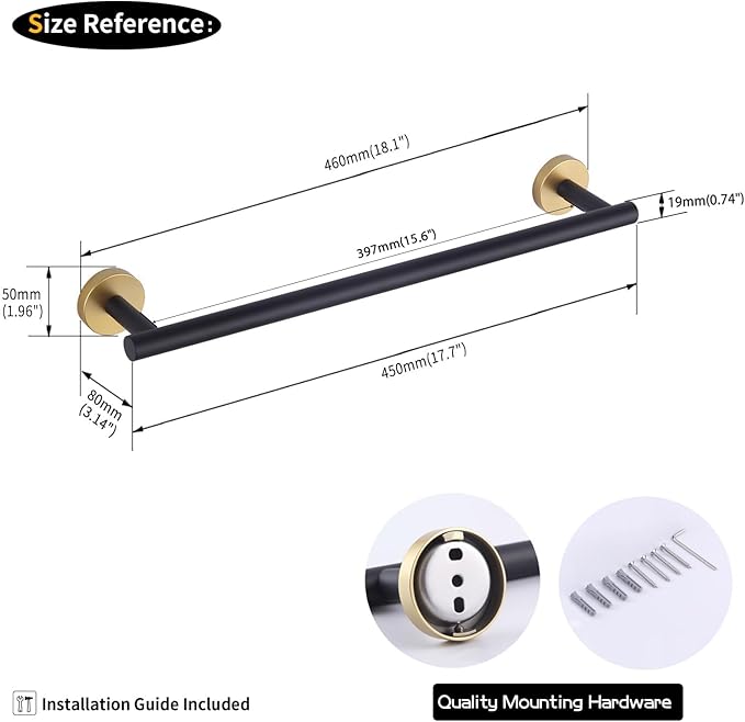 GERZWY SUS 304 Stainless Steel 18-Inch Bathroom Towel Bar Modern Round Style Bath Towel Bar Wall Mount (Black & Gold) AG1101C45-BD