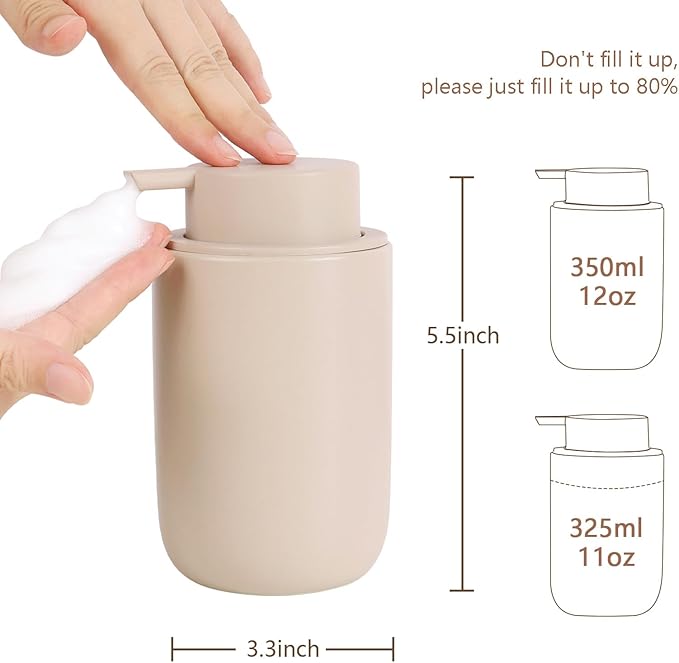BosilunLife Foaming Soap Dispenser Set - Khaki Ceramic Foam Hand Dispenser 12oz Soap Dispenser Set with Rust Proof Pump, 4Pcs Clear Stickers for Kitchen, Bathroom - 2 Pack-NeatNest